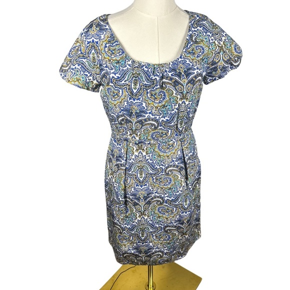 J.Crew Paisley Print Dress Size 6 Blue Green Yellow Scoop Neck Short Sleeve - Picture 3 of 6